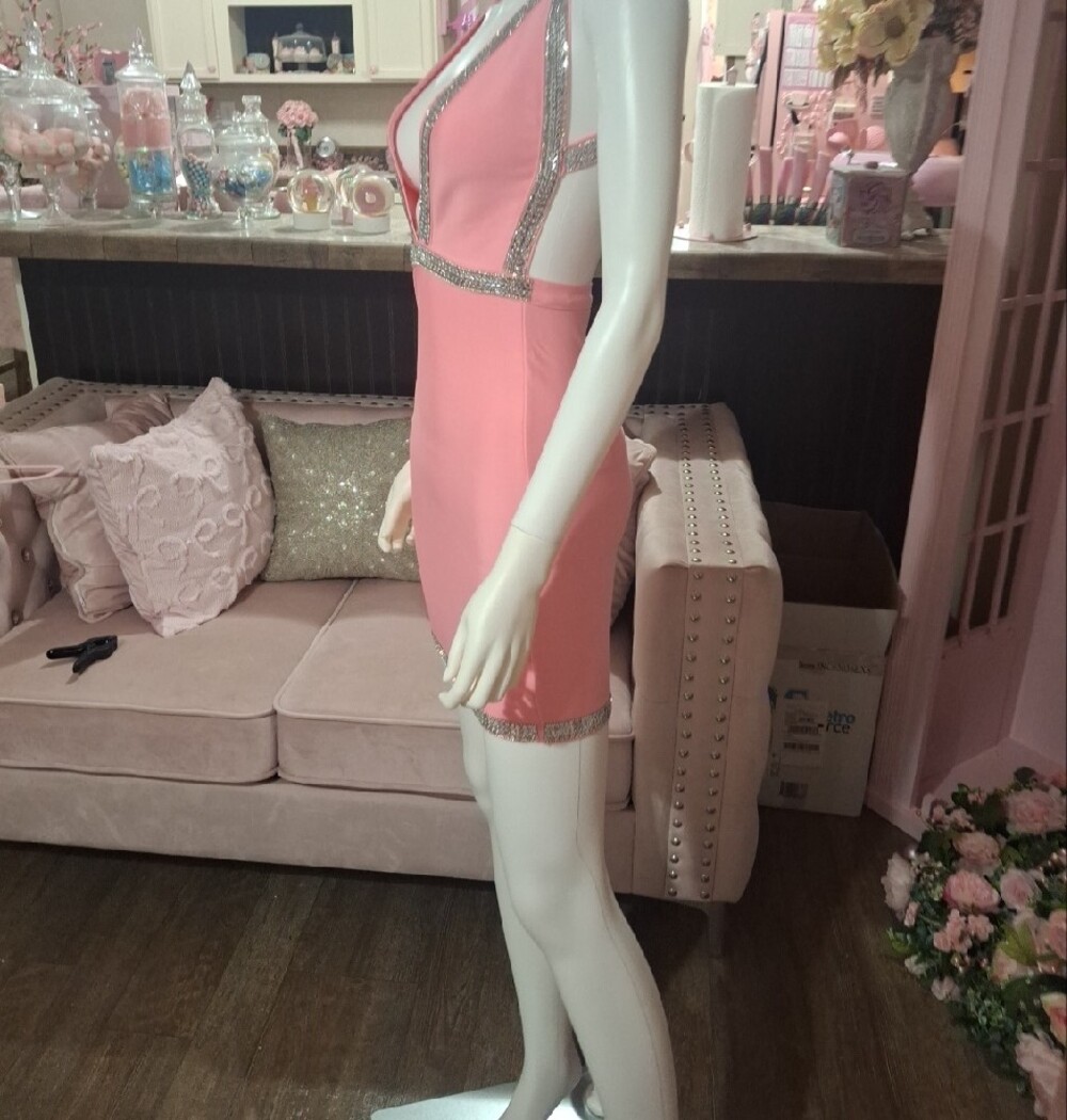 Pink Rhinestone Embellished Plunge Halter Bodycon Mini Dress NWT Size XS - Picture 5 of 8